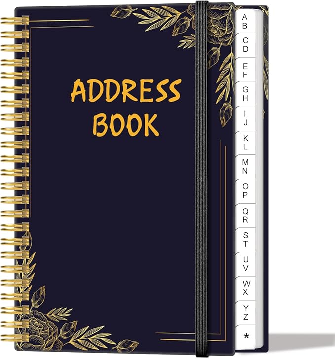 Address Book with Alphabetical Tabs - Small Address Book Spiral with Address Contacts, Special Date, Phone, Birthday & Internet Login Password for Home and Office, 4.3" x 6.2", Black Flower