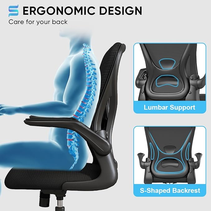Sytas Ergonomic Desk Chair with Padded Flip up Arms and Supportive Lumbar Support, Breathable Mesh Home Office Chair with Comfortable Cushion for Home or Office(Black)