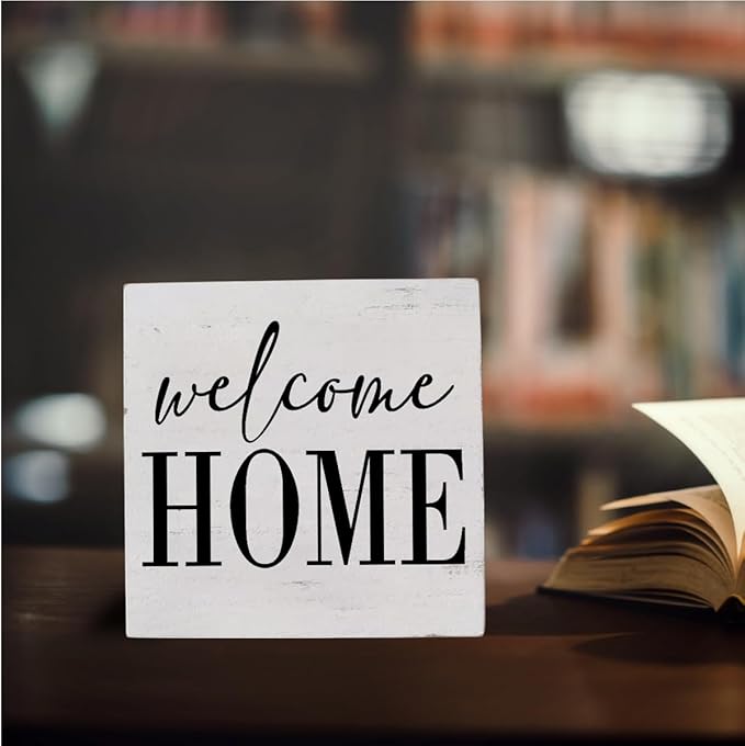 HTBIG Welcome Home Sign Home Decor Desk Decor Wooden Box Sign Rustic Black Wood White Plaque Box Sign for Women Family Friends Farmhouse Living Room Kitchen Bedroom Shelf Table Decoration