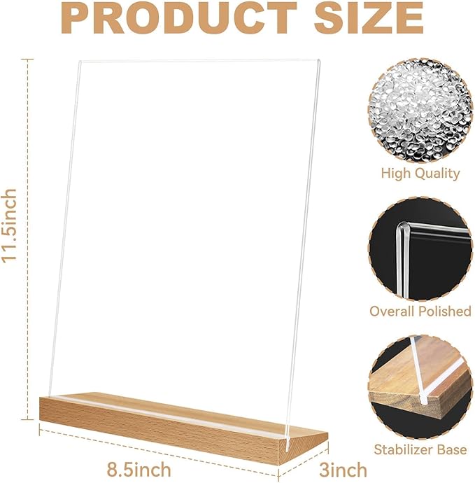 EHWINE 8.5 x 11 Acrylic Sign Holder, 6 Pack L Shape Frames With Wood Base, Clear Table Flyer Menu Stand for Office Business Store, Brown and Wood Color Base