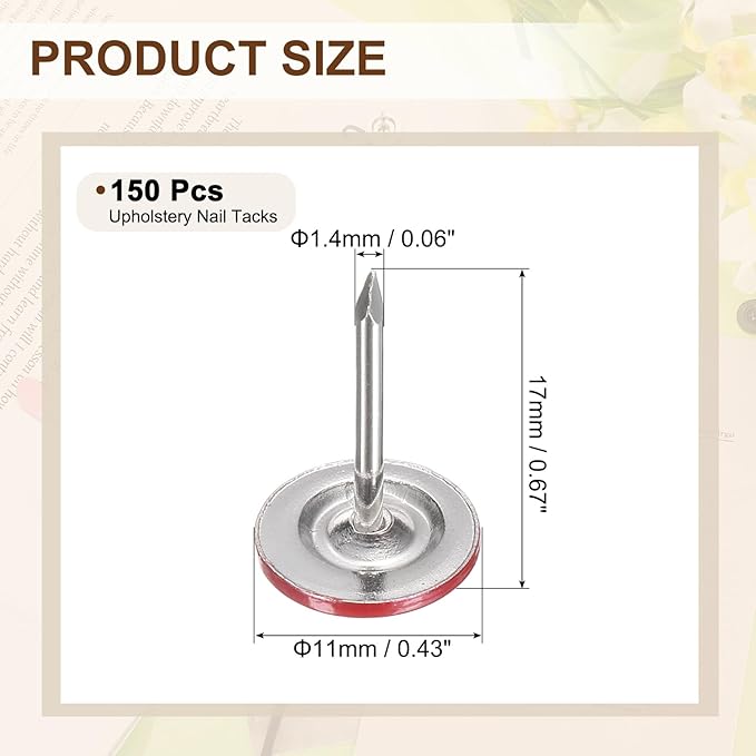 uxcell 150Pcs Upholstery Tacks, 11mmx17mm Flat Head Thumb Tack Decorative Furniture Nails Push Pins for Furniture Sofa Headboards, Red