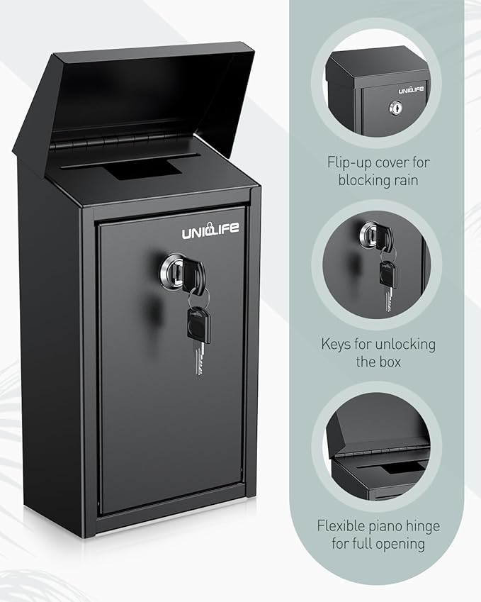 Uniclife Black Metal Donation Box Wall Mounted Mailbox with Top Slot, Collection Box with Key Lock, Safe Suggestion Box, Key Drop Box for Outside, Steel Cash Drop Box for Home Office and Business