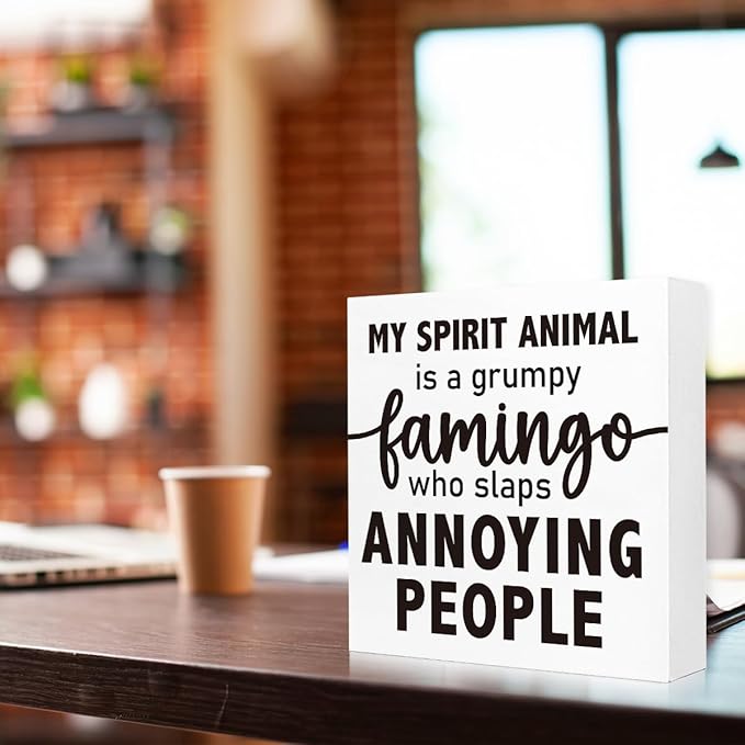 Funny Office Wood Box Sign - "Grumpy Flamingo Spirit" Wooden Block Sign, 5x5x1 Inch Whimsical Desk Decor for Sassy Female Professionals