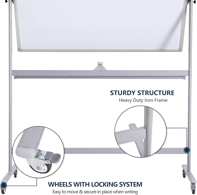 Large Double Sided Whiteboard 72x40 inches on Wheels - Height Adjustable Mobile Magnetic Dry Erase Board with Rolling Stand for Office Meetings, Classroom Teaching, Home, Silver Frame