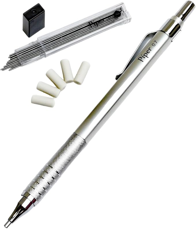 PIPER Quadrata Metal Mechanical Pencil 0.7mm with Erasers and HB #2 Lead Refills for Art, Sketching, Writing, Drafting (Satin Silver)