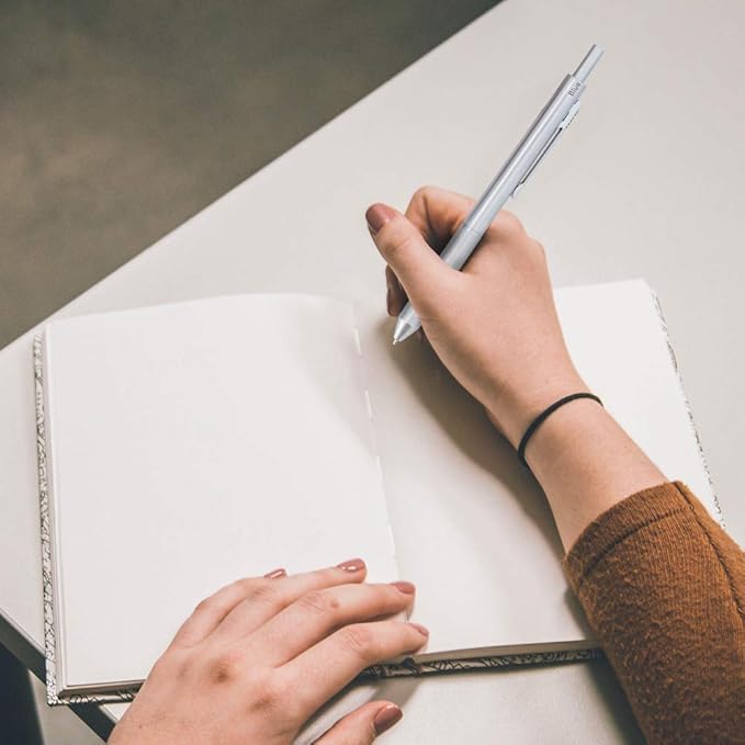 smttw 4 in1 Multi-Function Refillable & Retractable Ballpoint Pen + 0.5mm Mechanical Pencil, Fine Point, Silver Metal Barrel, Black/Red/Blue Inks, Multicolor Pen With Metal Gift Box