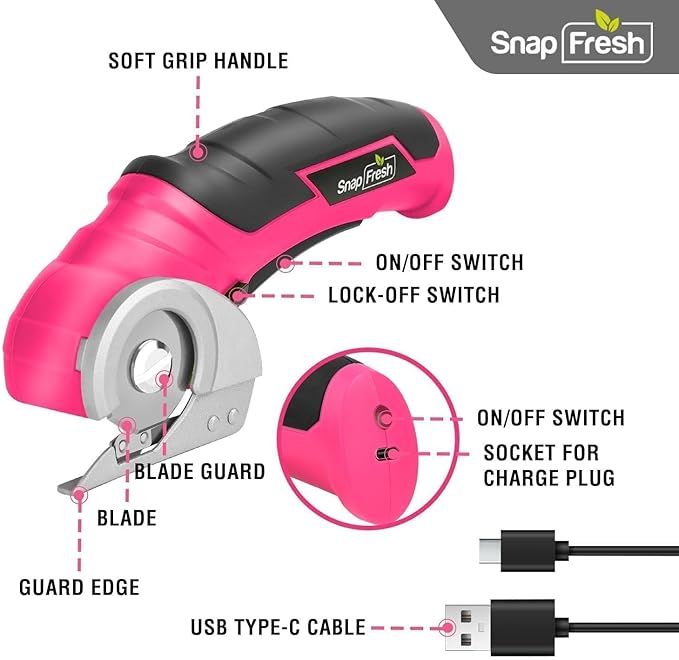 SnapFresh Cordless Electric Scissors- 4V Mini Cardboard Cutter for Boxes, Carpet, Paper – Rotary Cutter for DIY Projects, Safety Box Cutter with Battery & Type-C Cable(Hot Pink)
