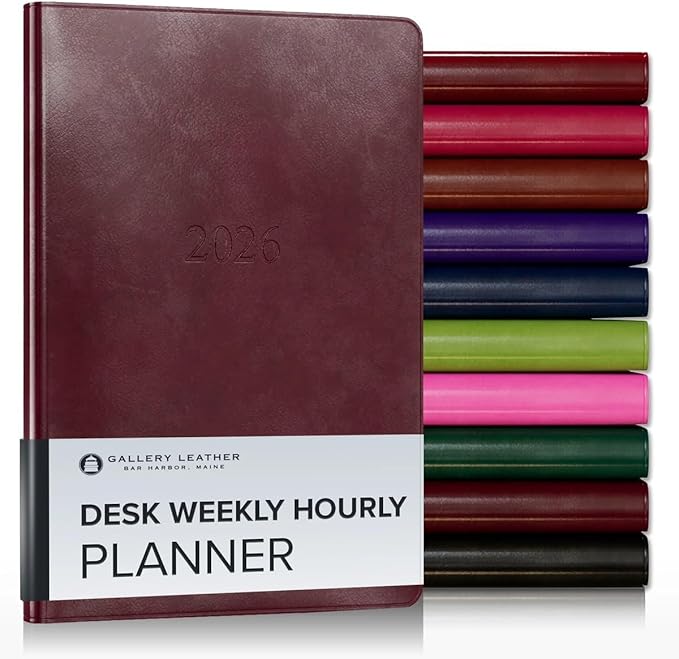 Gallery Leather Desk Hourly Weekly Monthly Planner 2025-2026, Elegantly Bound Calendar Planner and Notebook with Stylish Gold-Gilded Page Edges, 12 Months - Acadia Burgundy - 8 x 5.5 "