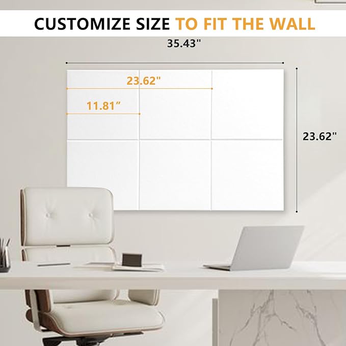 Large Cork Board for Wall with Pins, 36" x 24" Bulletin Board Self-Adhesive Pin Board | Customized 6 Packs Felt Tiles for Office Home Wall Decor, White