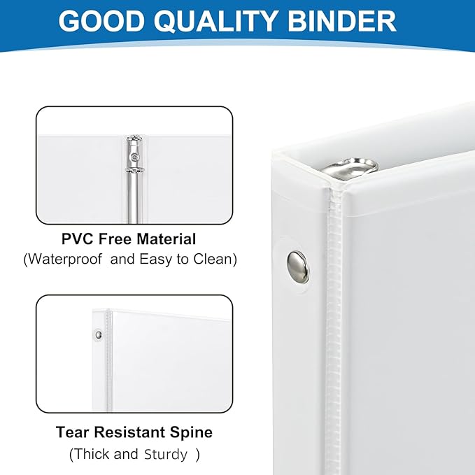 1-inch 3-Ring Binder, 1 Inch Round Ring Binder with 2 Inside Pockets, 8 Pack White Binders, Clear View Cover, Holds 8.5'' x 11''Paper for Office/Home/Back to School