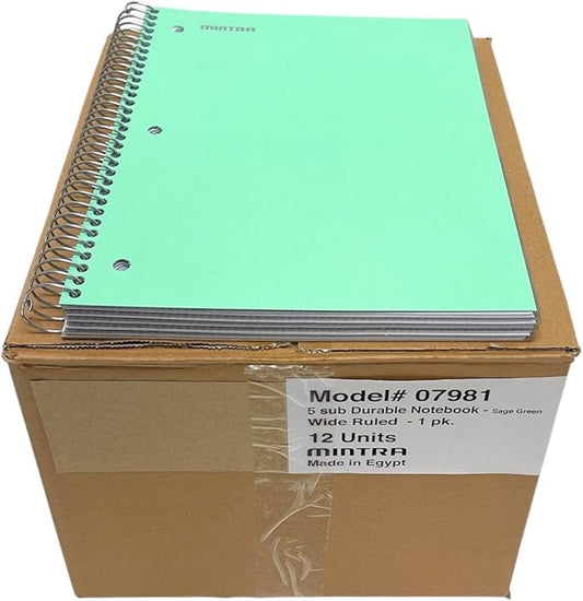 Mintra Office Durable Spiral Notebooks, 5 Subject (Sage Green, Wide Ruled 12pk)