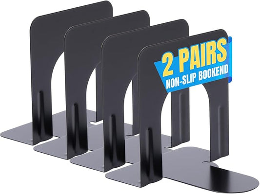 1InTheOffice Bookends for Shelves, Metal Bookends, 5 1/4" x 4 3/4" x 5", Non-Slip, Black, 4 Pack