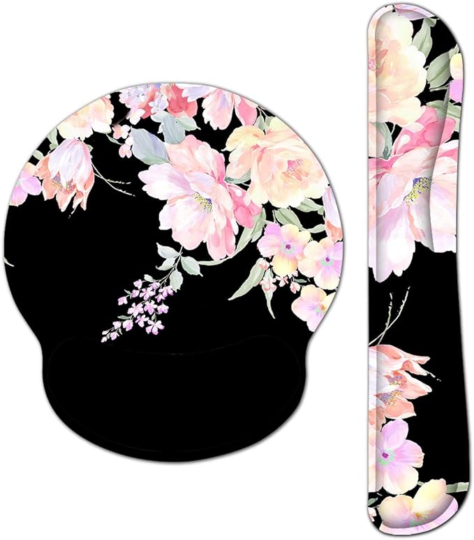 RICHEN Keyboard Wrist Rest and Mouse Pad with Wrist Support, Memory Foam Set for Computer/Laptop/Mac,Gaming and Office, Sturdy & Comfortable & Lightweight for Easy Typing & Pain Relief (Flowers)