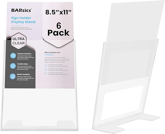 BARsics Plastic Sign Holder 8.5x11 Clear, Top-Load Paper Standing Display (Pack of 6)