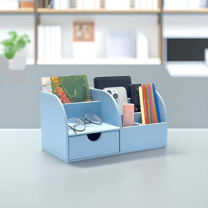 UnionBasic Desk Organizer - Multifunctional Leather Desktop Pen Holder Storage Box - Business Card/Pen/Pencil/Mobile Phone/Stationery Holder, Blue