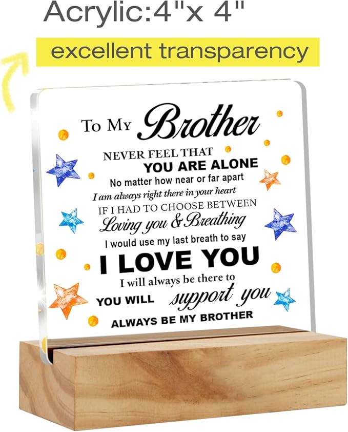 Bifez Brother Decorative Signage, Acrylic Desk Plaque with Wood Stand, 4x4 inches, Meaningful Gift for Home & Office