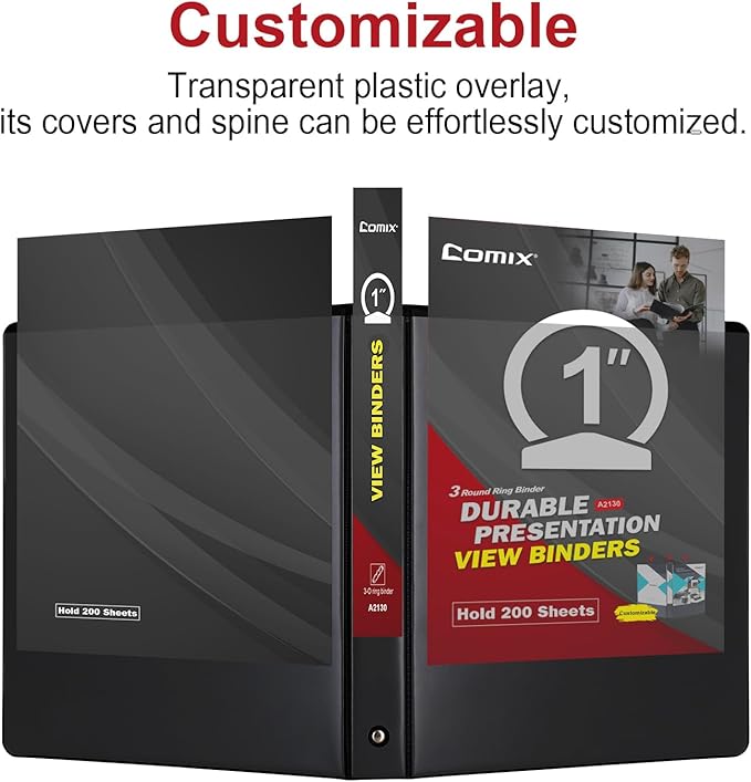 COMIX Sturdy 3 Ring Binder 1 inch with Clear View Cover, 1" Round Ring View Binder, PVC-Free, 200 Sheets Capacity of US Letter Size Paper, Office ＆ School Supplies, Pack of 12 (Black)