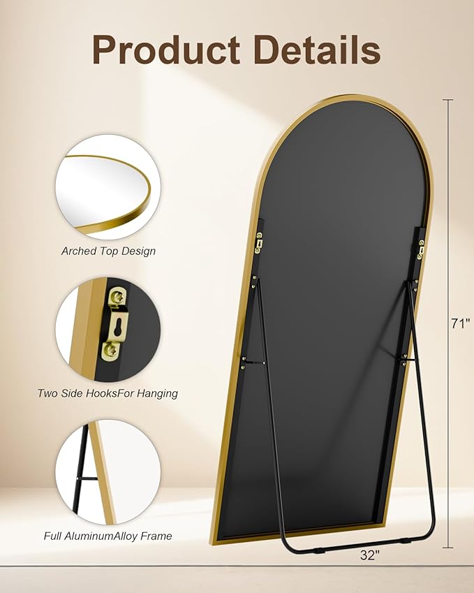 SUNQUEEN Arched Mirror Full Length, 71"×32" Full Length Mirror with Stand, Standing Floor Mirror Wall, Hanging or Leaning Large Full Body Mirrors for Bedroom Living Room(Gold)