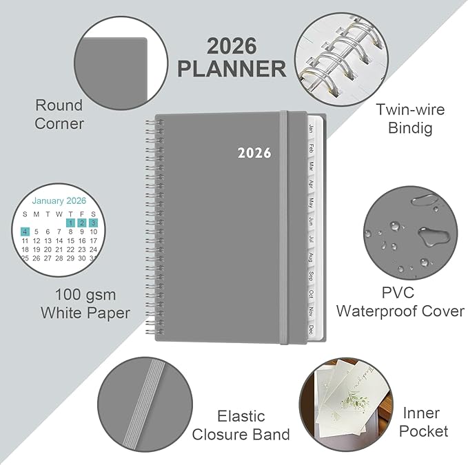 2026 Planner - Weekly and Monthly Calendar Planner from Jan 2026 - Dec 2026, Planner 2026 Spiral Bound with 12 Monthly Tabs, Inner Pocket, Perfect for School Office Supplies, 6.4" x 8.5", Grey-C