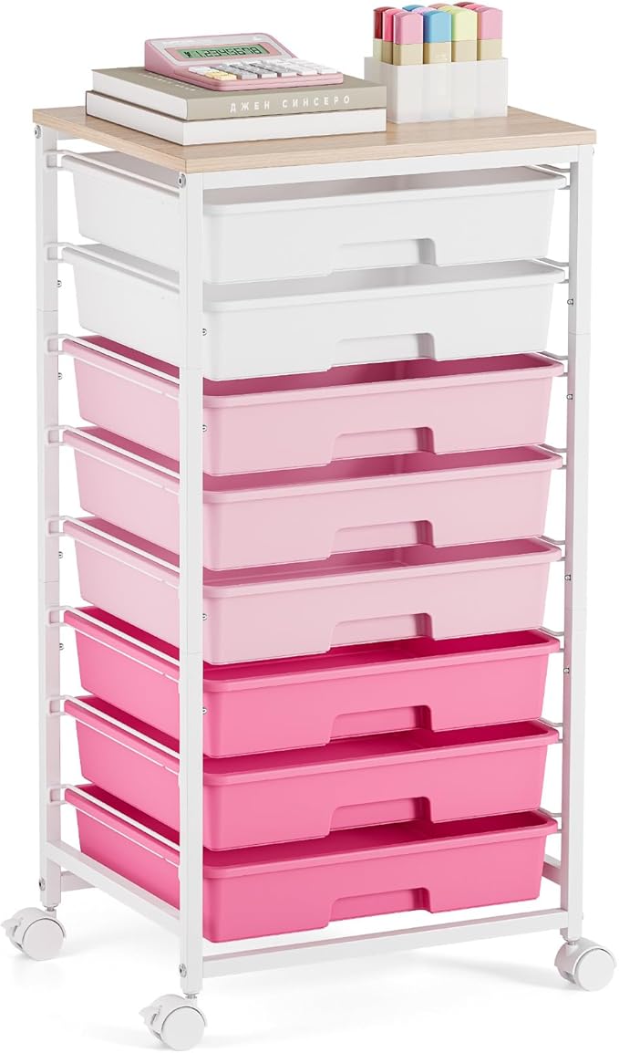 Rolling Cart with Drawers, Pink Cart with 8 Plastic Drawer Storage and Wooden Tabletop, Craft Storage, Teacher Cart, Storage Cart on Wheels, Rose Pink