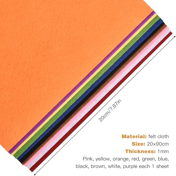 10Pcs Stiff Felt Fabric Sheets, 8 x 35 inches Assorted Color Thick Felt Sheets Craft Felt Fabric Sheets for DIY Crafts, Sewing, Patchwork, Crafting Projects