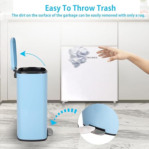 PayLessHere Stainless Steel Trash Can with Lid - Removable Inner Bucket, Foot Pedal Soft Close for Office, Home, Kitchen Garbage Bin (Blue, 13 G)