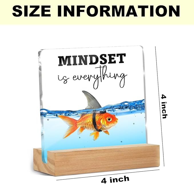 Christmas Thank You Gifts, Mindset is Everything Inspirational Gifts for Women Coworkers Friends, Funny Goldfish Desk Decor Acrylic Sign 4x4 Inch, Positive Affirmations Desk Accessories Signs for Table Top Cubicle Office Decor