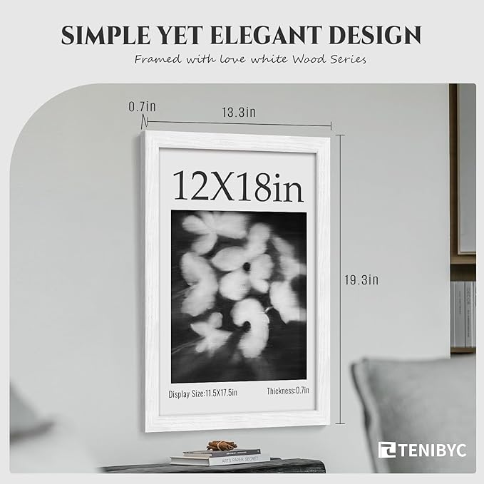 12x18 Frame Set of 4 - White, Textured Wood & HD Tempered Glass, 12x18 White Poster Frame, Vertical or Horizontal Wall Hanging - Gallery Decoration