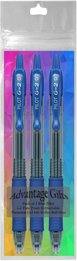 G2 Retractable Premium Gel Ink Roller Ball Pens Fine Point Fine Point (.7mm) Blue Ink 3-pk; Refillable & Premium Comfort Grip Bundle with Plastic Reusable Pouch