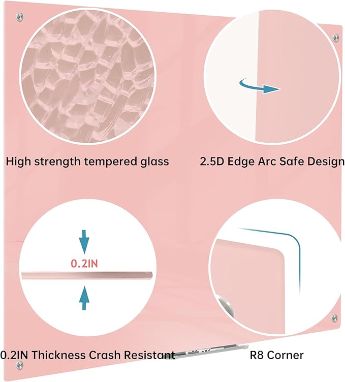 Magnetic Glass Dry Erase Board - White Board 48 x 36 Inch Wall Mounted Glass Whiteboard, Large Frameless Glass White Board for Wall Office, Home & School, Pink