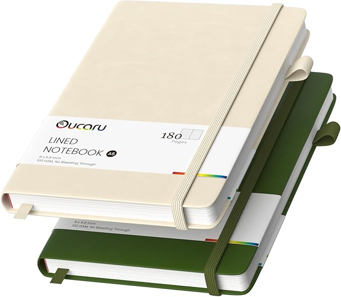 Oucaru Lined Journal Notebook, 2 Pack, 180 Pages, A5 Journals for Writing, 100 GSM Thick Paper, Small Notebooks Daily Journal for Women Men Work, Business, School, Travel Supplies