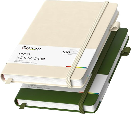 Oucaru Lined Journal Notebook, 2 Pack, 180 Pages, A5 Journals for Writing, 100 GSM Thick Paper, Small Notebooks Daily Journal for Women Men Work, Business, School, Travel Supplies