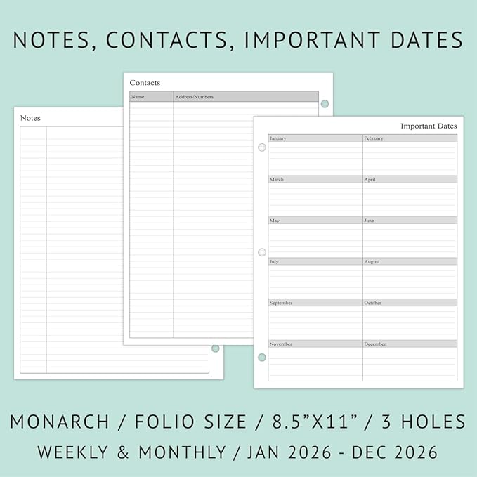 newestor 2026 Weekly Planner Refills for 3-Ring Binder with Monthly Tabs, Two Pages Per Week, 8-1/2" x 11", Folio Size 5 / Monarch