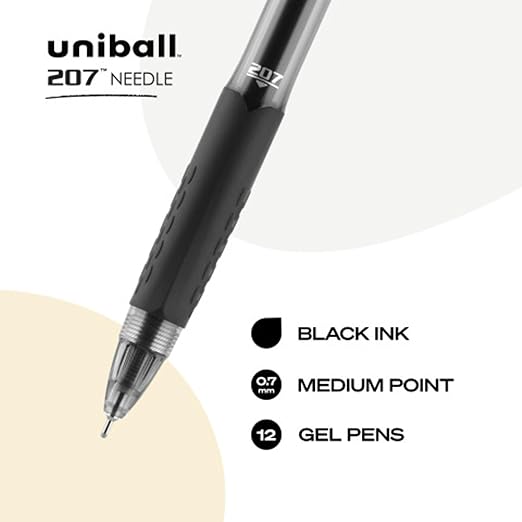uni-ball 207 Retractable Gel Pens Medium Point, 0.7mm, Black, 12 Pack