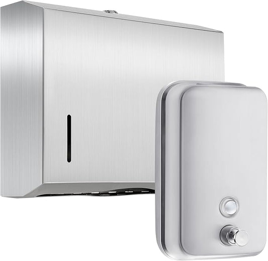 2 Pcs Commercial Soap Dispenser and Paper Towel Dispenser Set with Lock-Stainless Steel,Wall Mount,Large Capacity Manual Liquid Pump Rust Proof Leak Free for Home Bathroom (500 ml,Style 2)