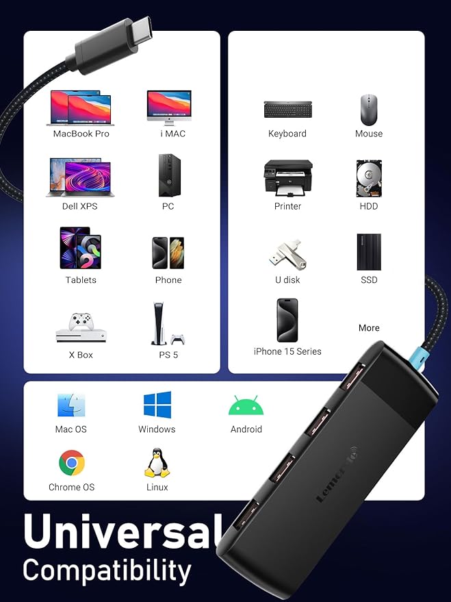 10Gbps USB C Hub, 4 Ports USB3.2 Splitter for Laptop, USB C Multiport Adapter w/Charging Port, for MacBook Pro/Air, iMac, Surface Pro, Dell, HP, iPad, Samsung, Etc., 1.97ft Cable