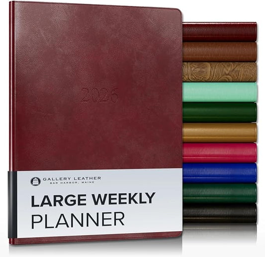 Gallery Leather Large Weekly Monthly Planner 2025-2026, Elegantly Bound Calendar Planner and Notebook with Stylish Gold-Gilded Page Edges, 12 Months - Acadia Deep Red - 9.75 x 7.5 "