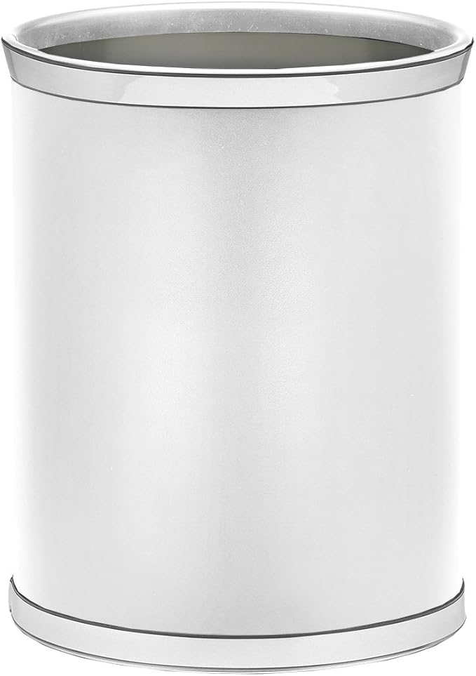 Kraftware Leatherette Wastebasket, 14", White with Polished Chrome