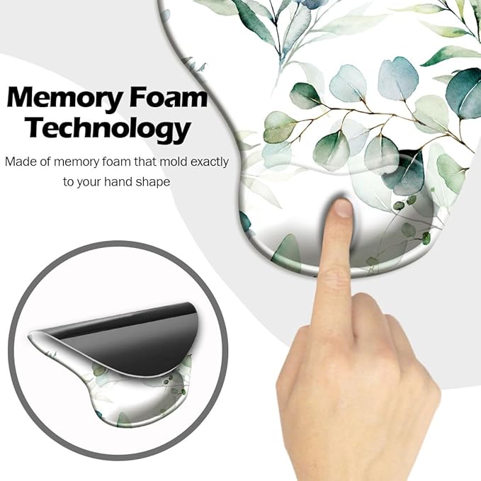 DOOKE Ergonomic Mouse Pad with Wrist Support and Coaster,Mouse Pads with Non-Slip PU Base for Home Office Working Studying Easy Typing & Pain Relief Eucalyptus Leaves