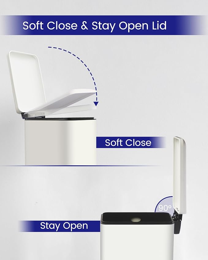 Kitchen Rubbish Bin, 45 Litre Waste Bin, Large Pedal Bin, Kitchen Rubbish Bin with Softclose Lid and Inner Bin, Slim Pedal Bin for Kitchen, Bathroom and Office, White