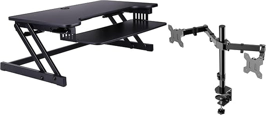 Rocelco 37.5" Deluxe Height Adjustable Standing Desk Converter with Dual Monitor Mount BUNDLE - Quick Sit Stand Up Computer Workstation Riser - Large Retractable Keyboard Tray - Black (R DADRB-DM2)