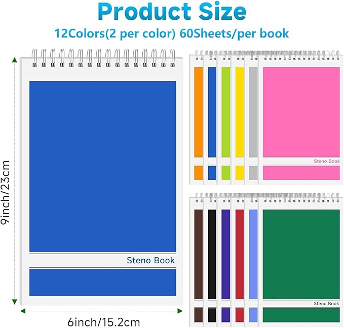 24 Pack Steno Pads 6x9 Spiral Notebooks Bulk 12 Assorted Colors Note Pads 60 Sheets Gregg Rule Writing Paper, Steno Notebooks for Students Teachers Men Women Professionals Office School Recording
