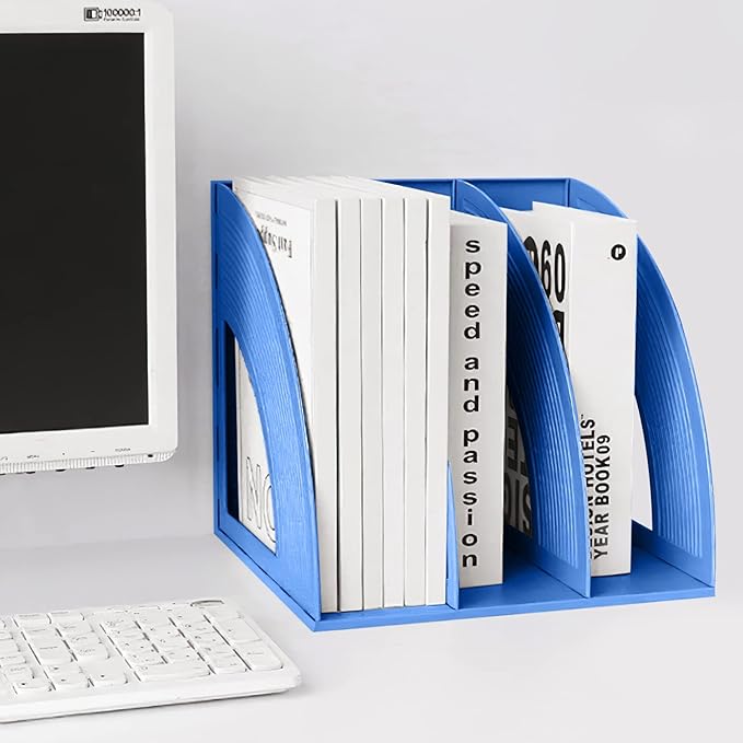 SAYEEC File Holders Folder Magazine Storage Holder Binder Stand 3 Compartment Blue Standing Files Bookshelf Organizer Magazines Divider Black Holds Documents for School Working Students