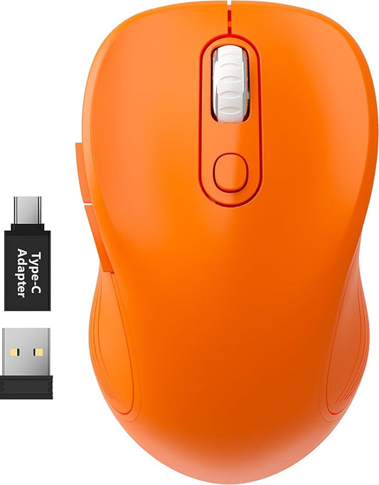 WisFox 2.4G Wireless Mouse for Laptop, Ergonomic Computer Mouse with USB Receiver and Type-C Adapter, 3 Adjustable Levels DPI, 6 Button Cordless Wireless Mice (Orange)