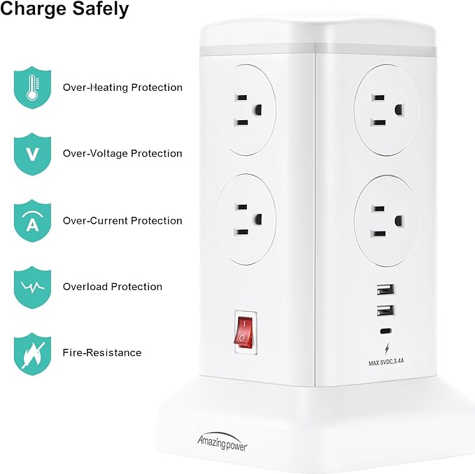 6.5Ft Surge Protector Power Strip Tower - 8 AC Outlets & 6 USB Ports Multi-Device Charging Station with Overload Protection, for Home/Office/Dorm