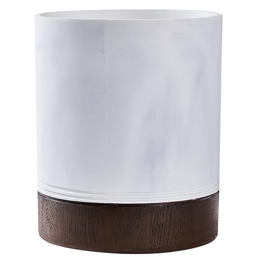 Polytree White Marble and Brown Wood Round Wastebasket, Resin Small Round Bathroom Trash Can 2.5 Gal(9 Liter) Small Kitchen Garbage Can,Living Room Bedroom Trash Can, Decor Wastebasket for Home Office