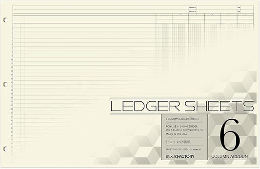 BookFactory Ledger Sheets/Large 6 Column Accounting Ledger Columnar (Six Columns) Loose Leaf Paper - 17'' x 11'', 50 Pages, Loose Leaf, 3 Hole Punched (SHEET-050-CLCLL(17x11-Ledger-6)-AX)