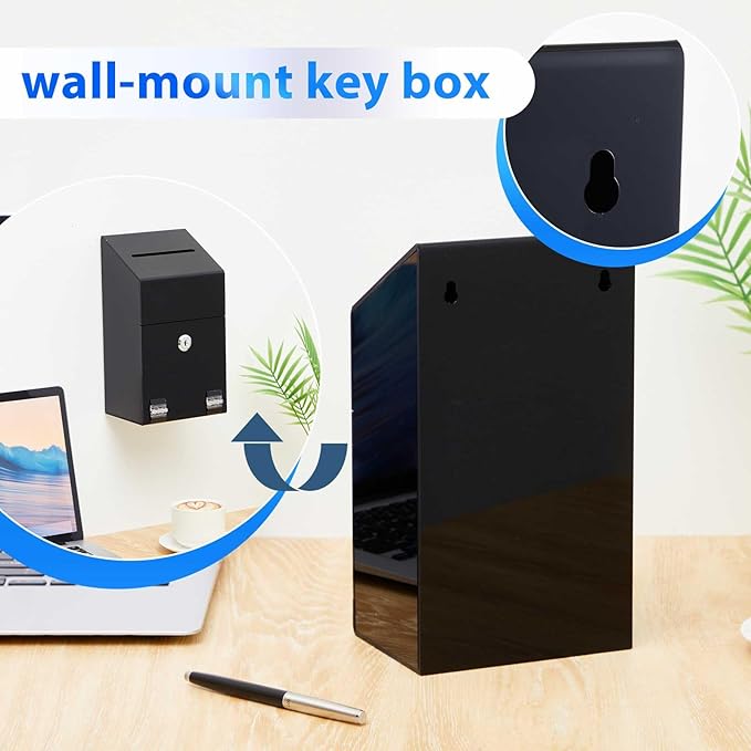 Juexica 1 Pc Acrylic Donation Box 10.2" x 5.6" x 4" Suggestion Box with Lock and Slot Wall Mount Safe Key Drop Ballot Fundraising for Home Office Vote (Black)