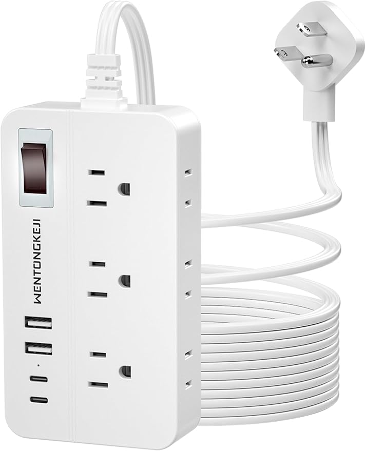 Surge Protector Power Strip - 5Ft Braided Extension Cord Flat Plug with 6 Outlets and 2 USB-A 2 USB-C Ports, 1080 Joules Wall Mounted Charging Station for Office Home ETL (15FT)