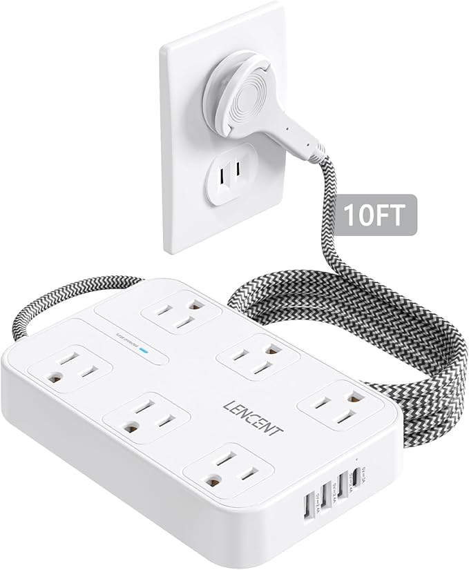 LENCENT 2 Prong Power Strip, 3 to 2 Prong Outlet Adapter, Surge Protector with 10ft Braided Extension Cord with Thin Flat Polarized Plug, 6 AC & 4 USB (1 Type-C), Wall Mount for Non-Grounded Outlet